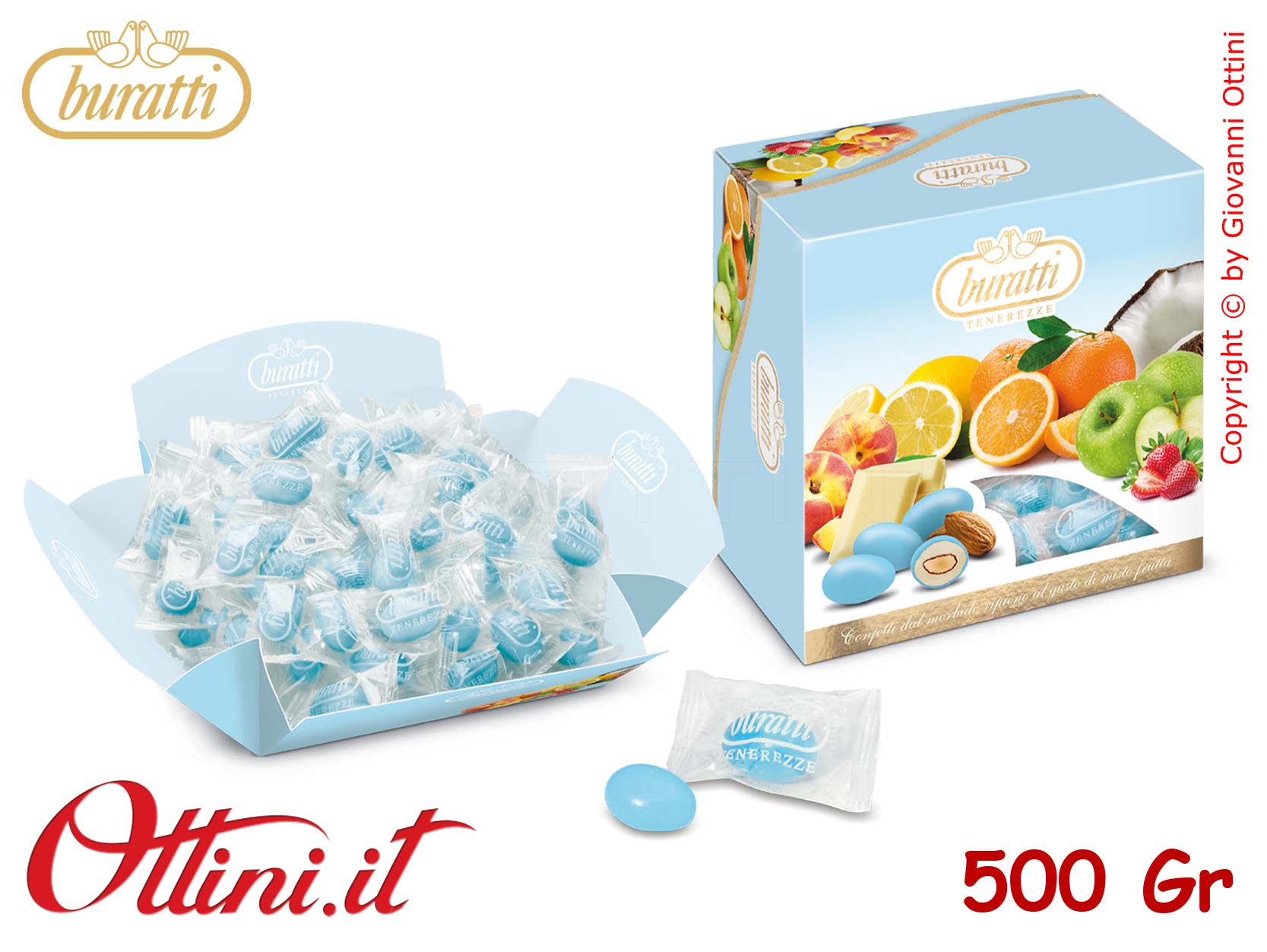Confetti Buratti Tenerezze Azzurre Incartate Monodose Frutta Mista con mandorla ricoperta di Cioccolato Bianco Aromatizzato - Senza Glutine