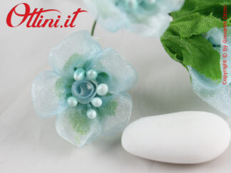 Rosellina Organza Celeste con Pistilli ideale per decorare sacchettini, scatole bomboniera, articoli da regalo Battesimo e Prima Comunione bambino