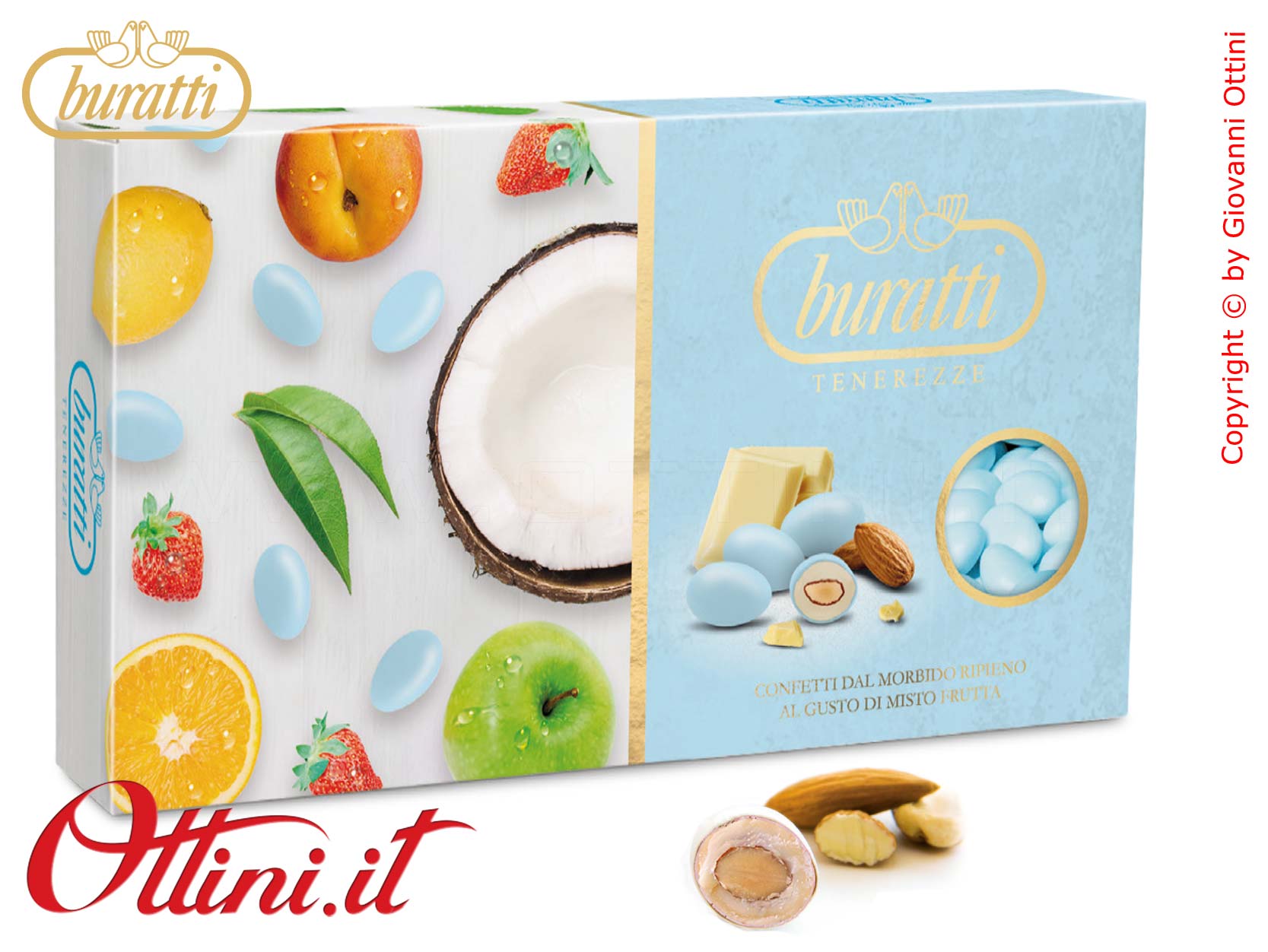 Confetti Buratti Tenerezze Frutta Mista Azzurra con mandorla ricoperta di Cioccolato Bianco Aromatizzato ideali per confettate Senza Glutine