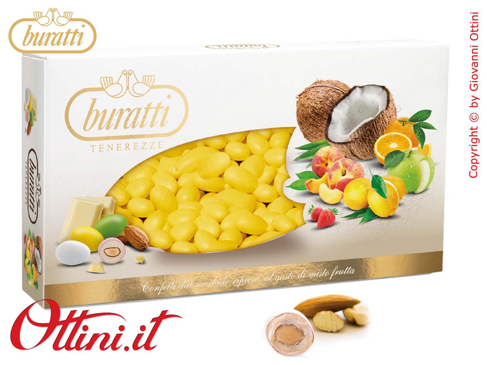 Confetti Buratti Tenerezze Gialle al Gusto di Limone con mandorla ricoperta di Cioccolato Bianco ideali per confettate Senza Glutine