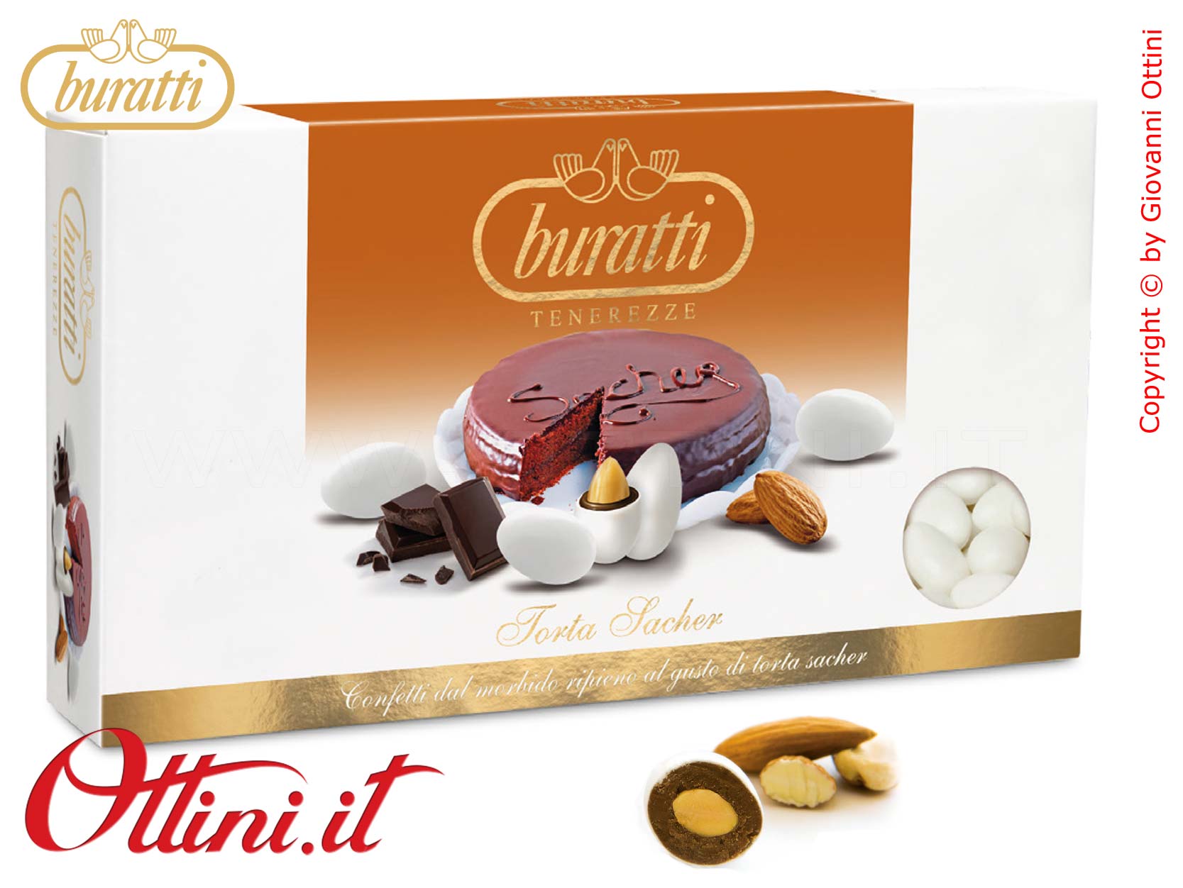 Confetti Buratti Tenerezze Bianche al Gusto di Torta Sacher con mandorla ricoperta di Cioccolato Fondente ideali per confettate Senza Glutine