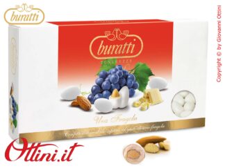 Confetti Buratti Tenerezze Bianche al Gusto di Uva Fragola con mandorla ricoperta di Cioccolato Bianco ideali per confettate Senza Glutine