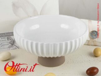 24012 Claraluna - Alzatina Media Plissè in ceramica bianca smaltata e base color biscotto. Bomboniere perfette per ogni arredo. Completa di confezione.