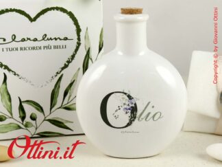 24079 Claraluna - Oliera tonda in porcellana smaltata con tappo in sughero. Bomboniere utili per la cucina e la tavola. Completo di confezione.