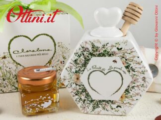 24103 Claraluna - Portamiele in ceramica bianca smaltata con stampa fiori primavera, cucchiaino coglimiele e con barattolino miele. Completo di confezione.