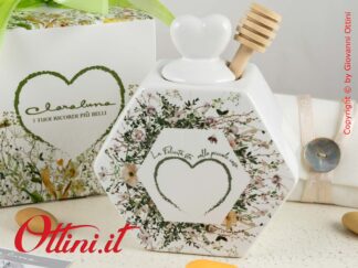 24104 Claraluna - Portamiele in ceramica bianca smaltata con stampa fiori primavera, cucchiaino coglimiele. Completo di confezione.