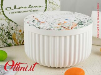 24109 Claraluna - Barattolo largo scatola primavera realizzato in gesso con stampa fiori primavera. Portagioie o portacaramelle. Completo di confezione.