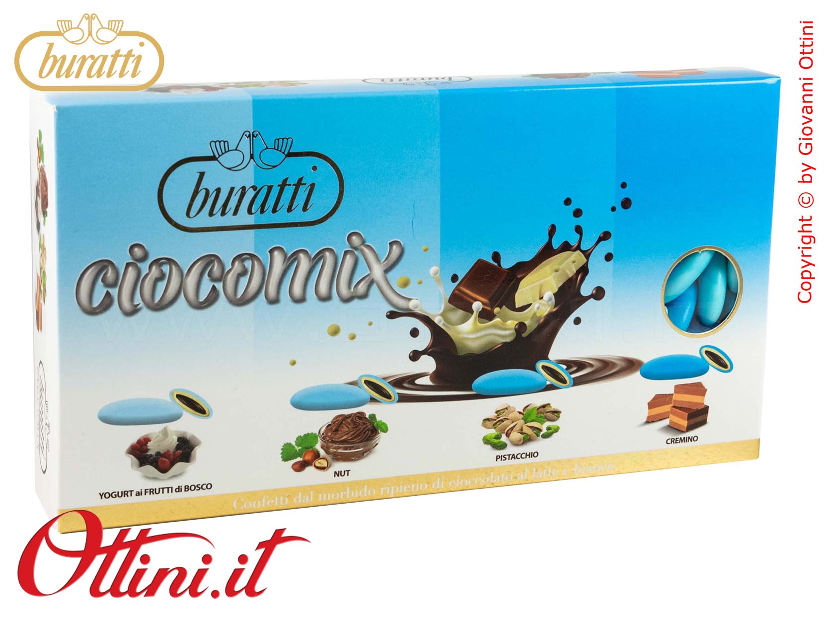 CXMR100 Morbidi Confetti Buratti Ciocomix sfumati azzurri con ripieno di cioccolato al latte ricoperto di cioccolato bianco aromatizzato in 4 gusti.