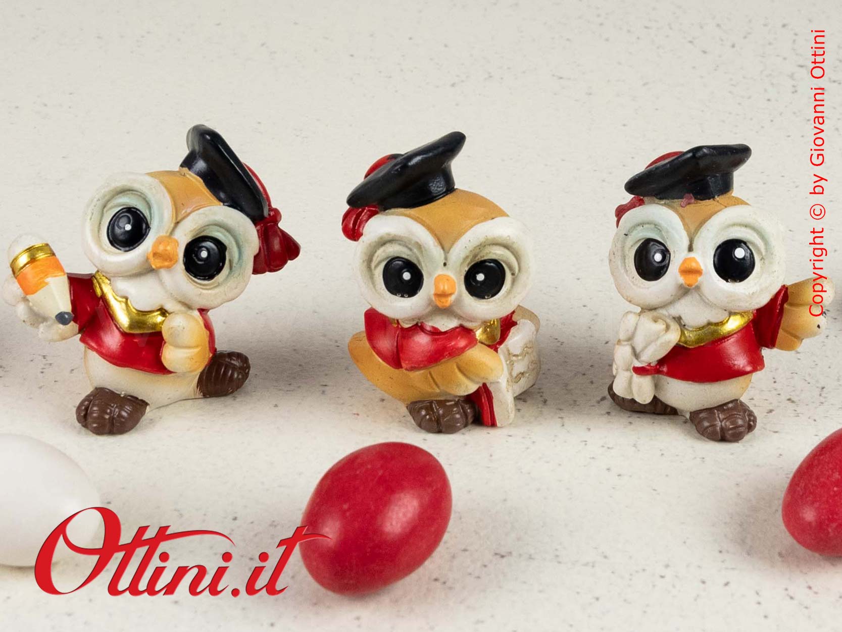 04A396 Gufetto laurea realizzato in resina e tre modelli, ideale come decoro per barattoli, vasetti e bomboniere laureandi