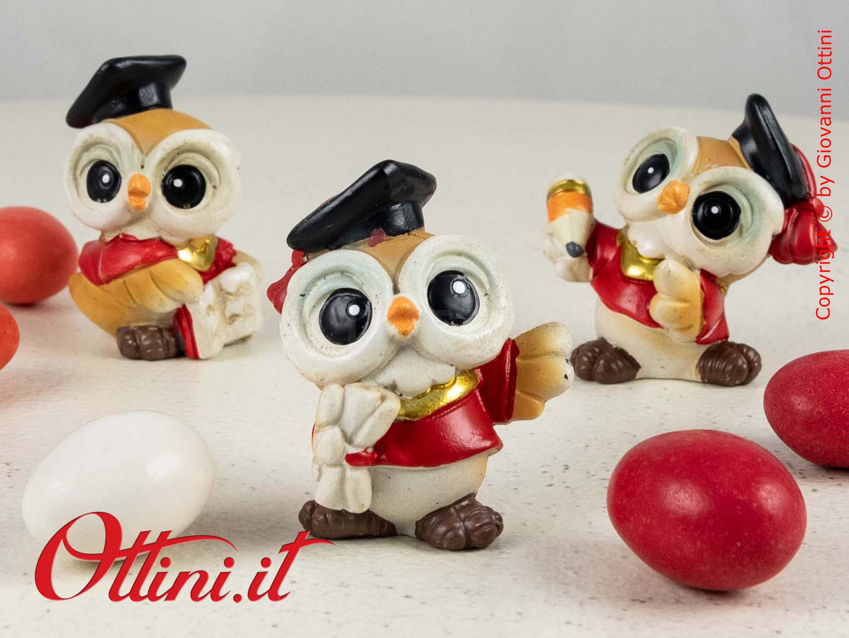 04A396 Gufetto laurea realizzato in resina e tre modelli, ideale come decoro per barattoli, vasetti e bomboniere laureandi