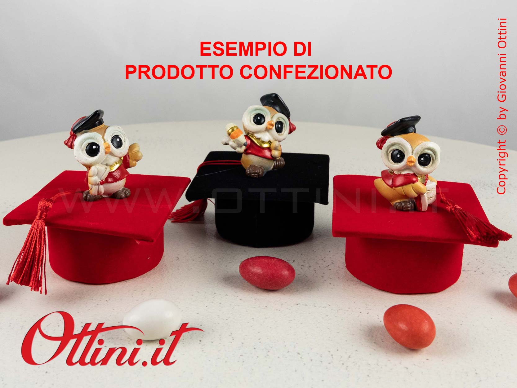 04A396 Gufetto laurea realizzato in resina e tre modelli, ideale come decoro per barattoli, vasetti e bomboniere laureandi