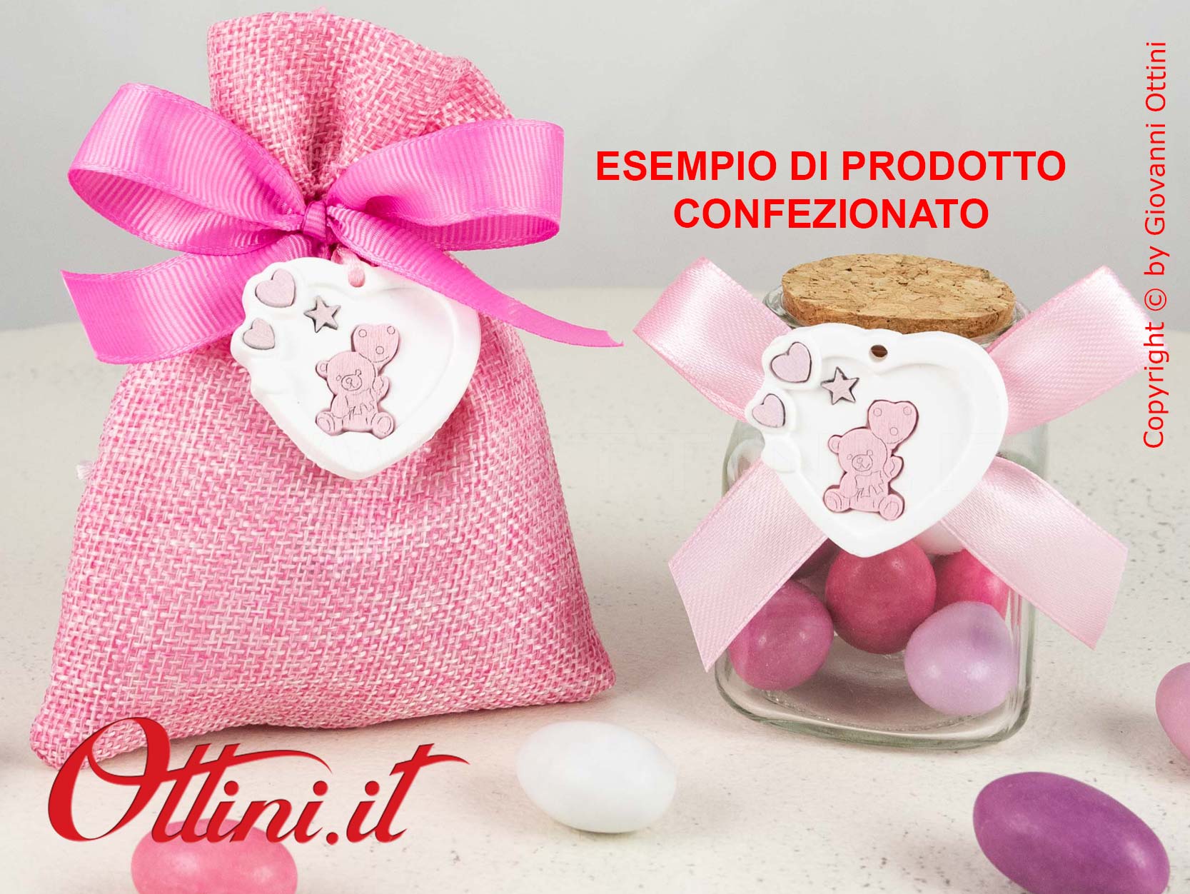 08A043 Decoro a forma di Cuore in gesso con Orsetto rosa, ideale come decoro per barattoli, vasetti, sacchettini e bomboniere bambina