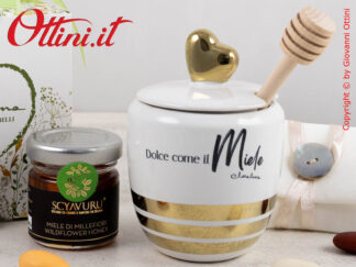 25101M Claraluna - il Portamiele Gold con Miele in porcellana bianca di Claraluna è una bomboniera elegante e utile a tavola, ideale per matrimonio