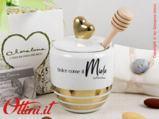 25101 Claraluna - il Portamiele Cuore Gold in porcellana bianca di Claraluna è una bomboniera elegante e utile in cucina o a tavola, ideale per matrimonio