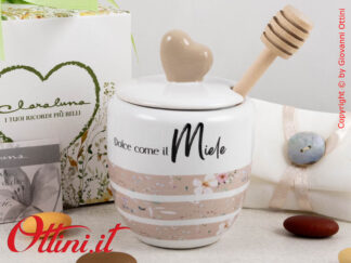 25102 Claraluna - il Portamiele decoro floreale rosa in porcellana bianca di Claraluna è una bomboniera elegante e utile a tavola, ideale per matrimonio