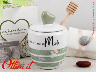 25103 Claraluna - il Portamiele decoro floreale verde in porcellana bianca di Claraluna è una bomboniera elegante e utile a tavola, ideale per matrimonio