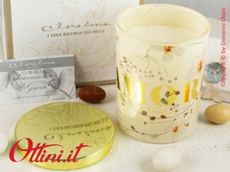 24164 Claraluna - Candela profumata Amore color Avorio al profumo di Patchouli 210gr completa di astuccio e confezione. Bomboniera romantica matrimonio.
