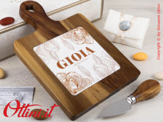 25058C Claraluna - Tagliere in Legno massello color noce con la scritta GIOIA con coltellino, elegante e utile a tavola, ideale bomboniera per matrimonio
