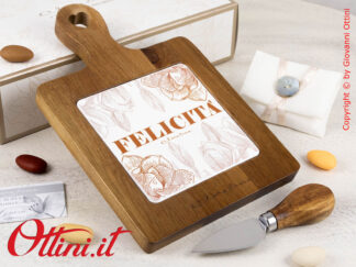 25059C Claraluna - Tagliere in Legno massello color noce con la scritta Felicità con coltellino, elegante e utile a tavola, ideale bomboniera per matrimonio