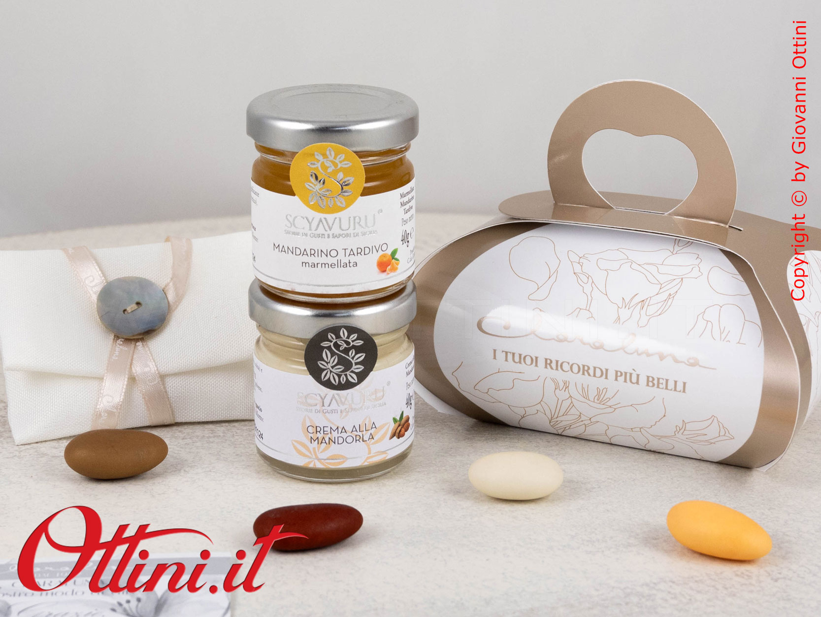 25087 Claraluna - Bomboniera Gastronomica Vasetto di Marmellata al Mandarino + Crema alla mandorla. Ideale come bomboniera per Matrimonio comunione cresima