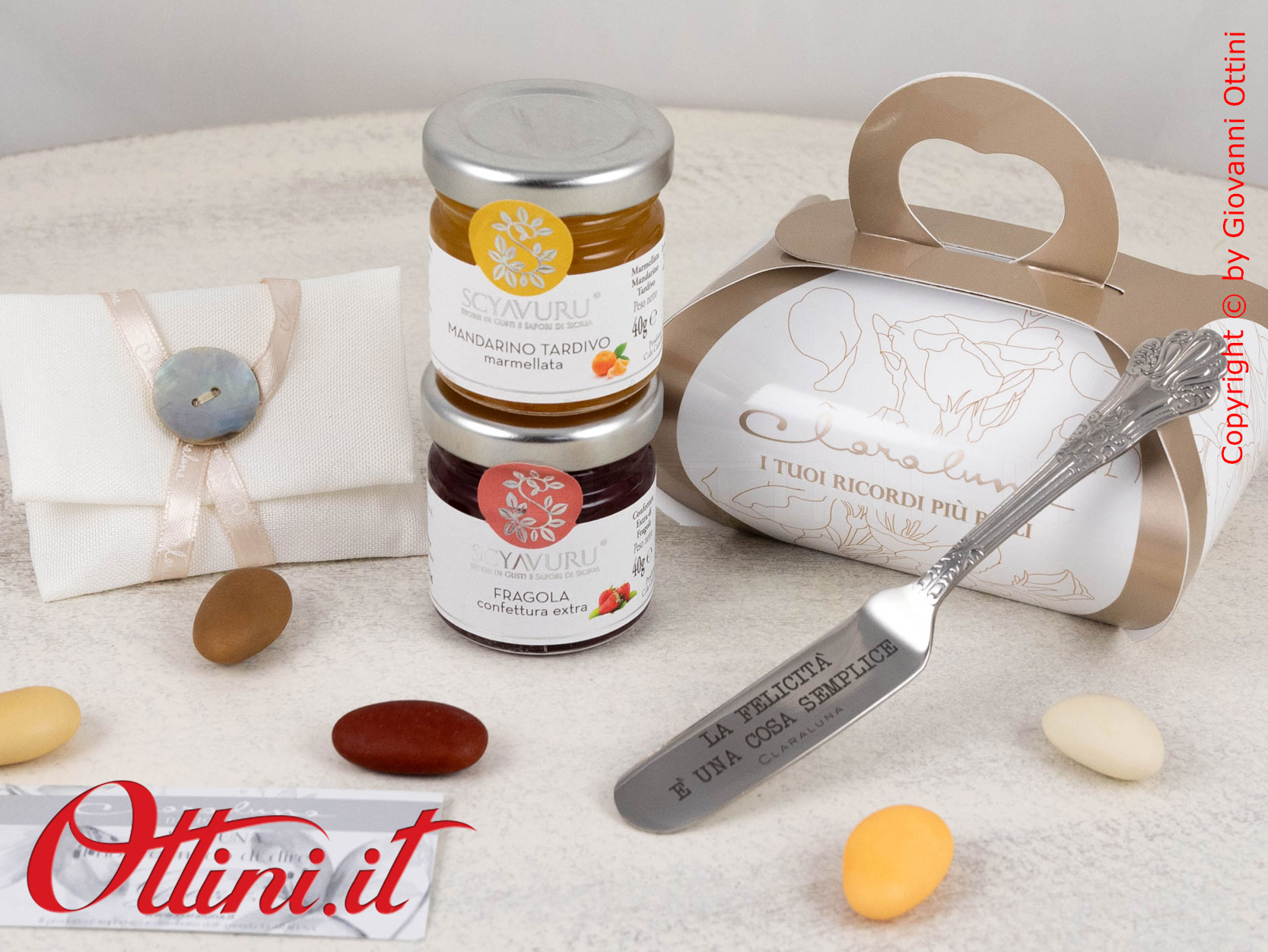 25088C Claraluna - Bomboniera Gastronomica Vasetto di Marmellata al Mandarino + Marmellata alla Fragola e coltellino per spalmare. Bomboniera Matrimonio.