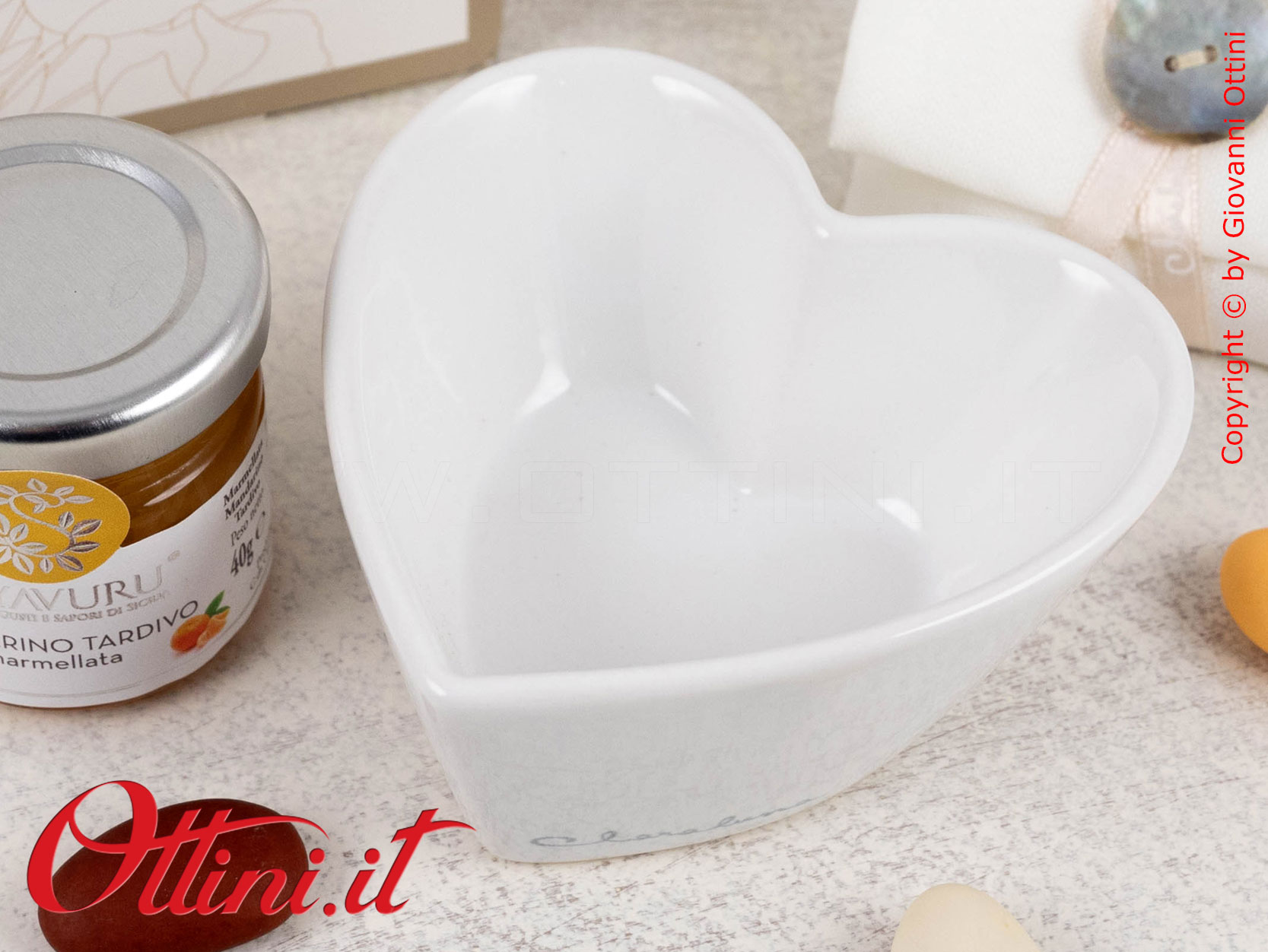 25095 Claraluna - Bomboniera Gastronomica Ciotolina Cuore con Marmellata al Mandarino. Ideale come bomboniera per Matrimonio comunione cresima