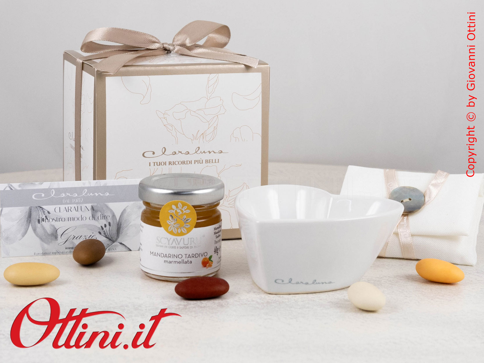 25095 Claraluna - Bomboniera Gastronomica Ciotolina Cuore con Marmellata al Mandarino. Ideale come bomboniera per Matrimonio comunione cresima