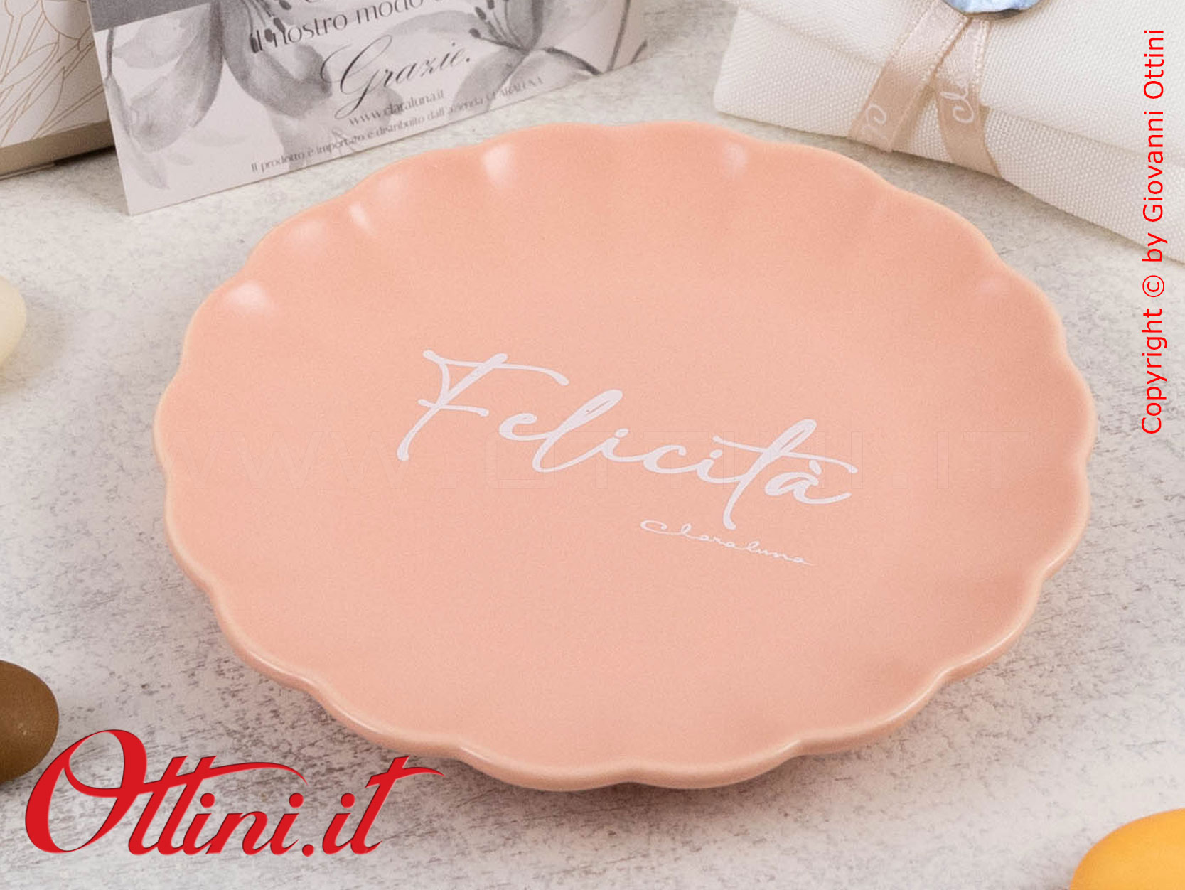 25273P Claraluna - Piattino svuota tasche o portasapone in porcellana Rosa Salmone con scritta Felicità, bomboniera utile per matrimonio o bambina