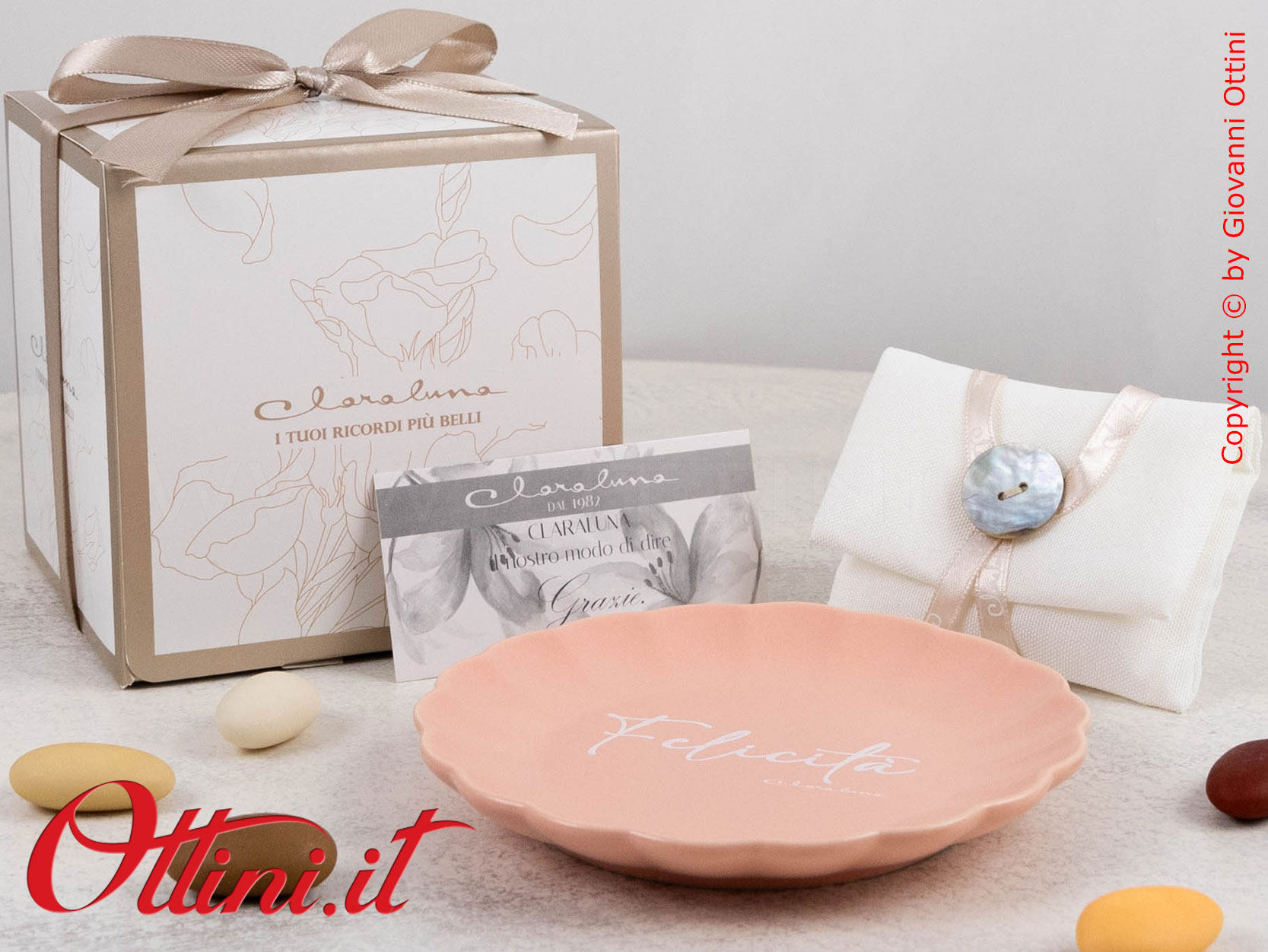 25273P Claraluna - Piattino svuota tasche o portasapone in porcellana Rosa Salmone con scritta Felicità, bomboniera utile per matrimonio o bambina