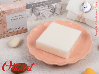 25273 Claraluna - Piattino porcellana Salmone con scritta Felicità e sapone profumato alla Lavanda, bomboniera utile per matrimonio