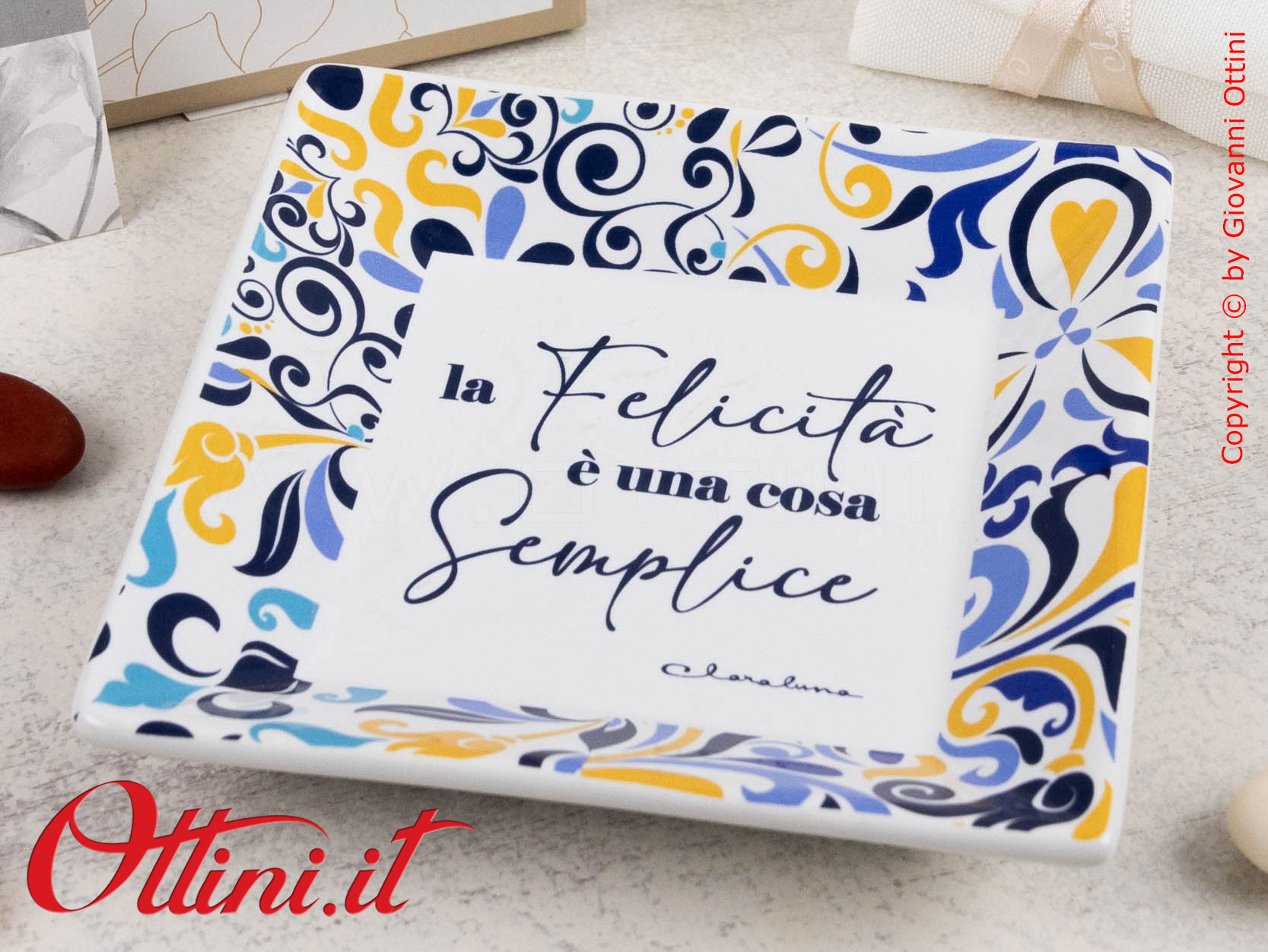 25275P Claraluna - Piattino svuota tasche o portasapone in porcellana con stampa maiolica siciliana, bomboniera utile per matrimonio o anniversario nozze