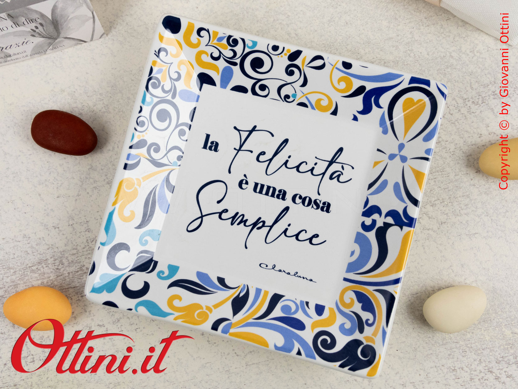 25275P Claraluna - Piattino svuota tasche o portasapone in porcellana con stampa maiolica siciliana, bomboniera utile per matrimonio o anniversario nozze