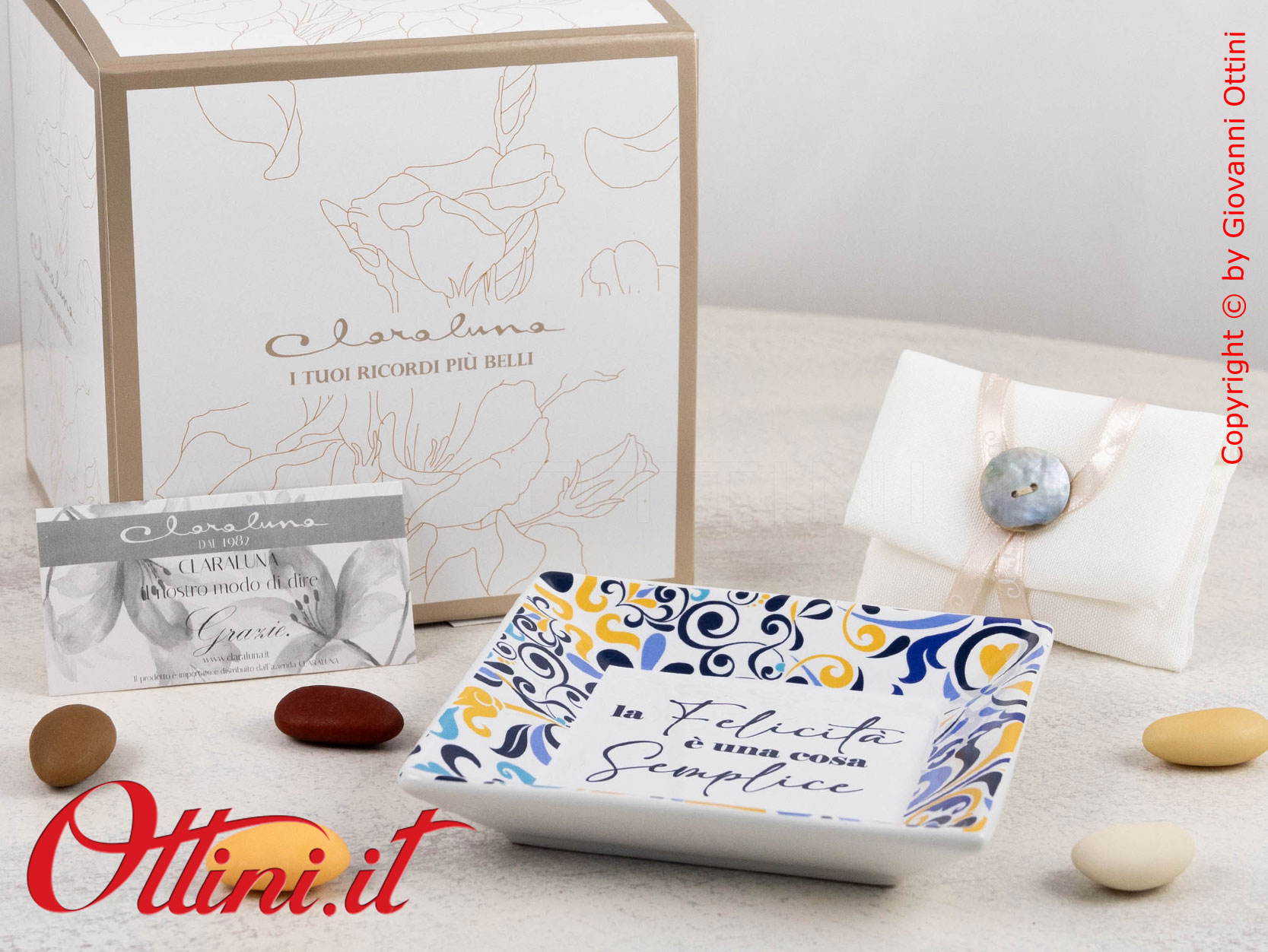 25275P Claraluna - Piattino svuota tasche o portasapone in porcellana con stampa maiolica siciliana, bomboniera utile per matrimonio o anniversario nozze