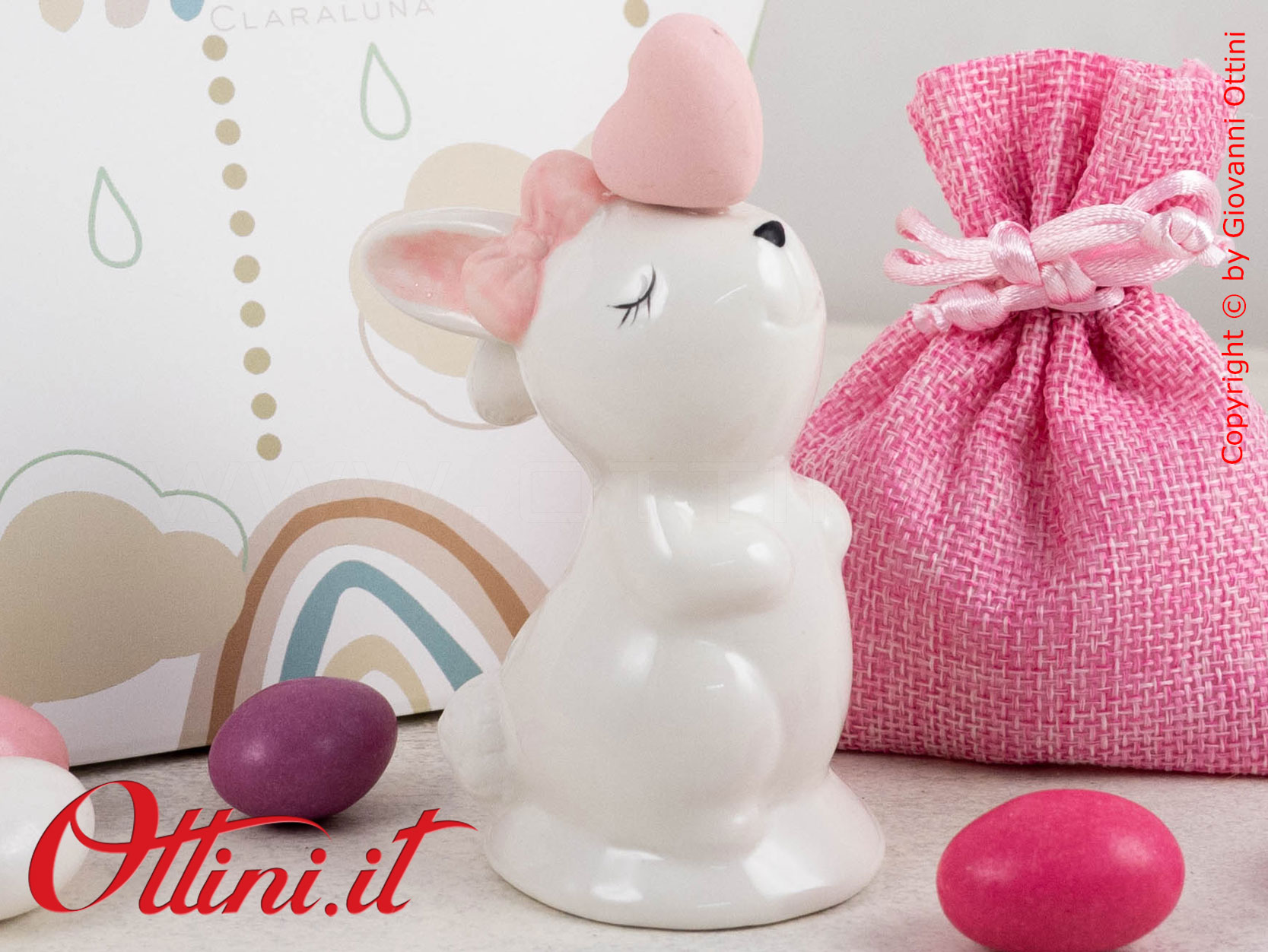 25383 Claraluna - Coniglietto grande rosa in porcellana smaltata. Bomboniera vintage ideale per eventi come battesimi, comunioni e cresime per bambina