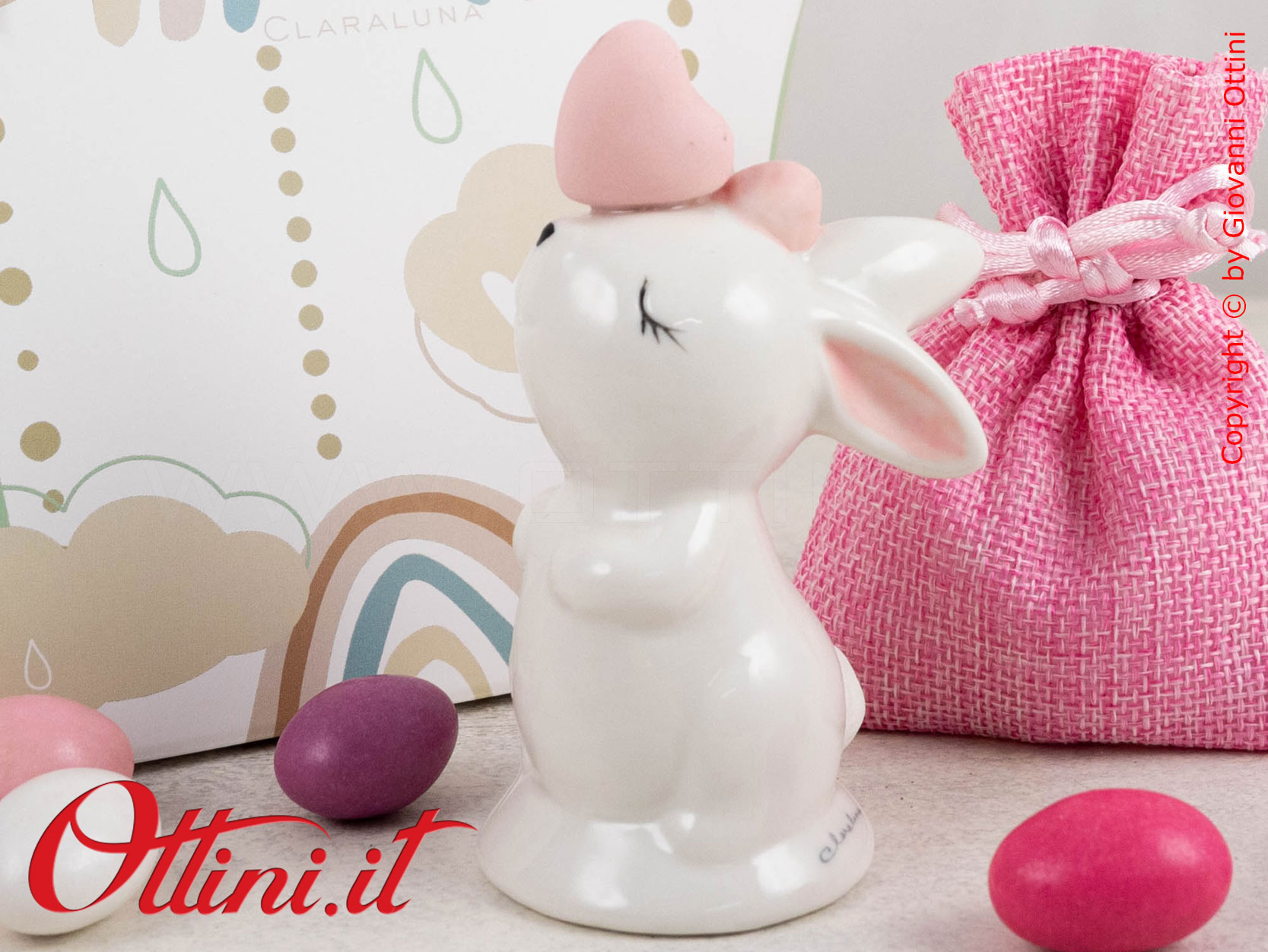 25383 Claraluna - Coniglietto grande rosa in porcellana smaltata. Bomboniera vintage ideale per eventi come battesimi, comunioni e cresime per bambina