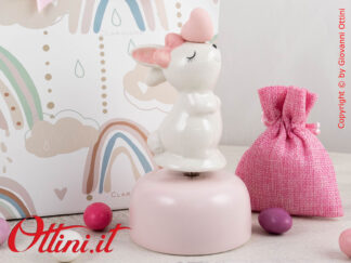 25385 Claraluna - Carillon Coniglietto rosa in porcellana smaltata. Bomboniera vintage ideale per eventi come battesimi, comunioni e cresime per bambina