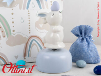 25386 Claraluna - Carillon Coniglietto azzurro in porcellana smaltata. Bomboniera vintage ideale per eventi come battesimi, comunioni e cresime per bambino