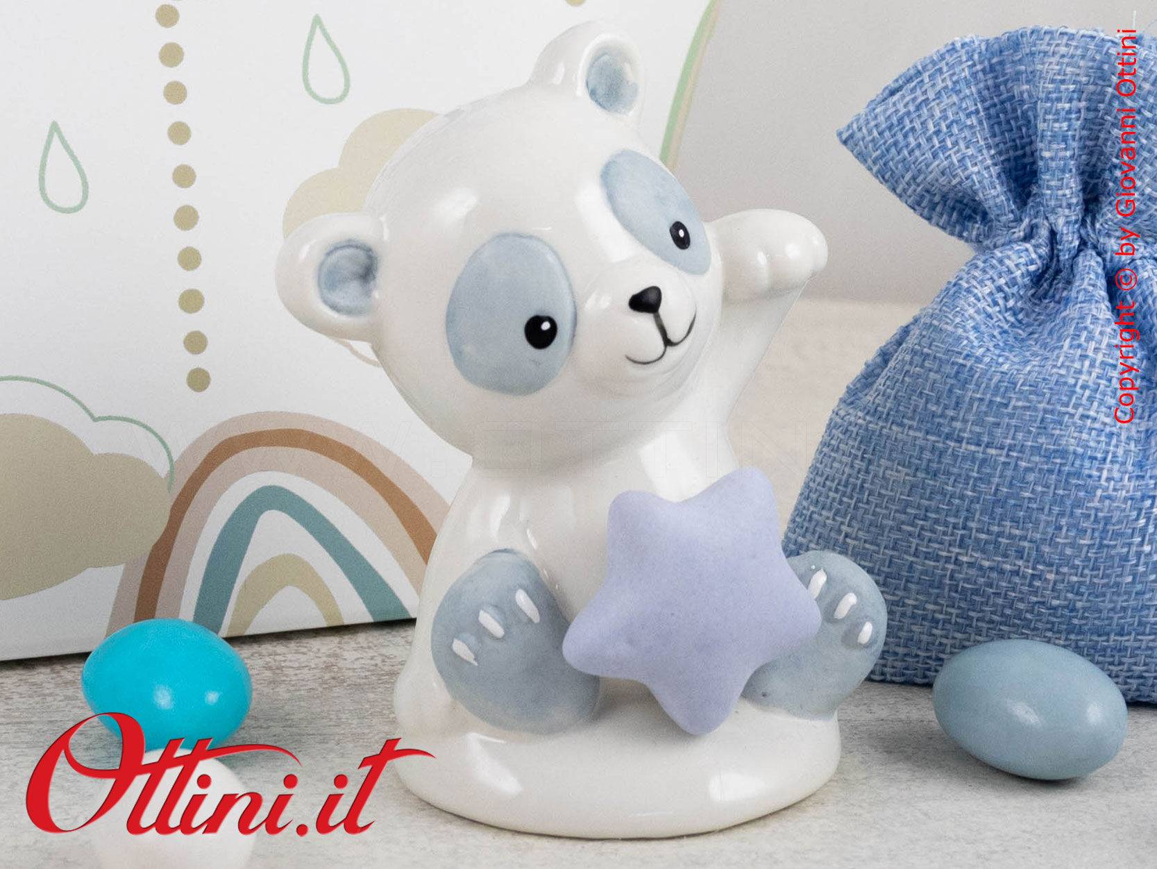 25394 Claraluna - Panda grande azzurro in porcellana smaltata. Bomboniera vintage ideale per eventi come battesimi, comunioni e cresime per bambino