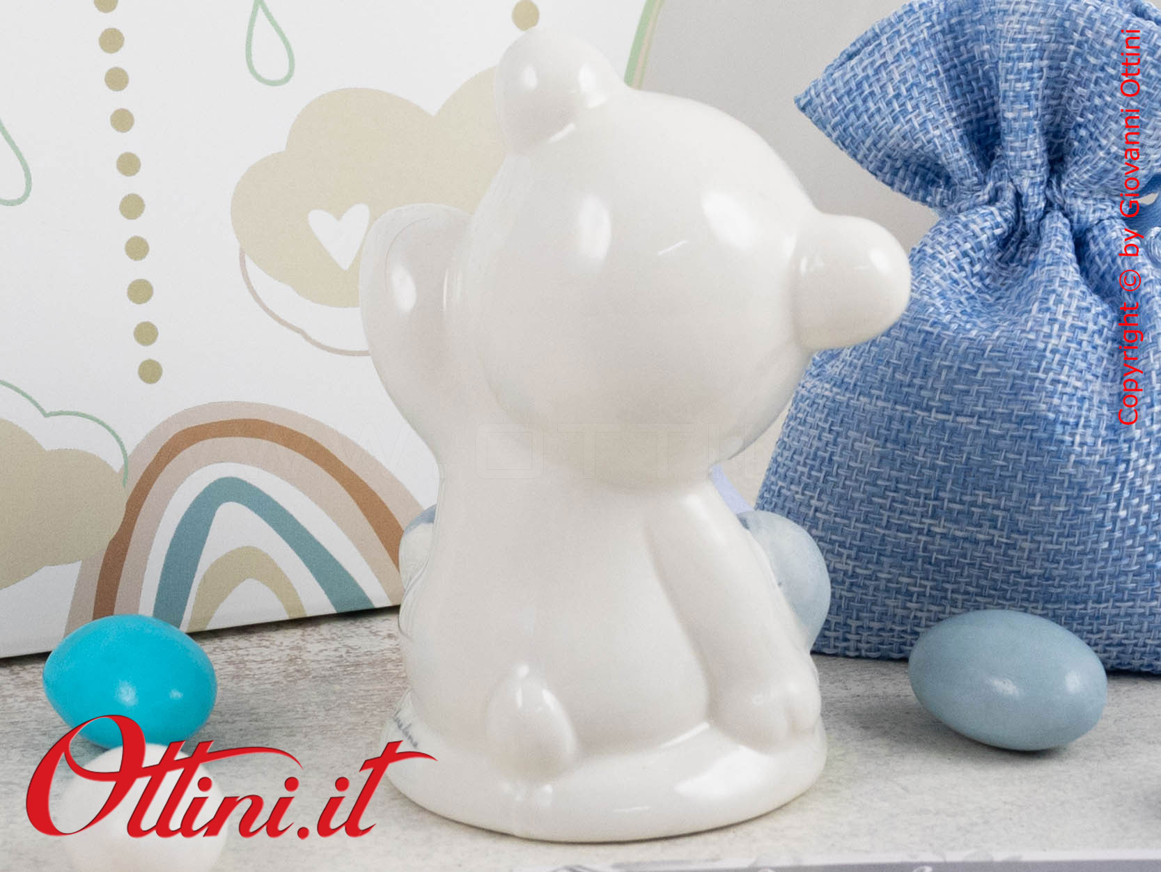 25394 Claraluna - Panda grande azzurro in porcellana smaltata. Bomboniera vintage ideale per eventi come battesimi, comunioni e cresime per bambino