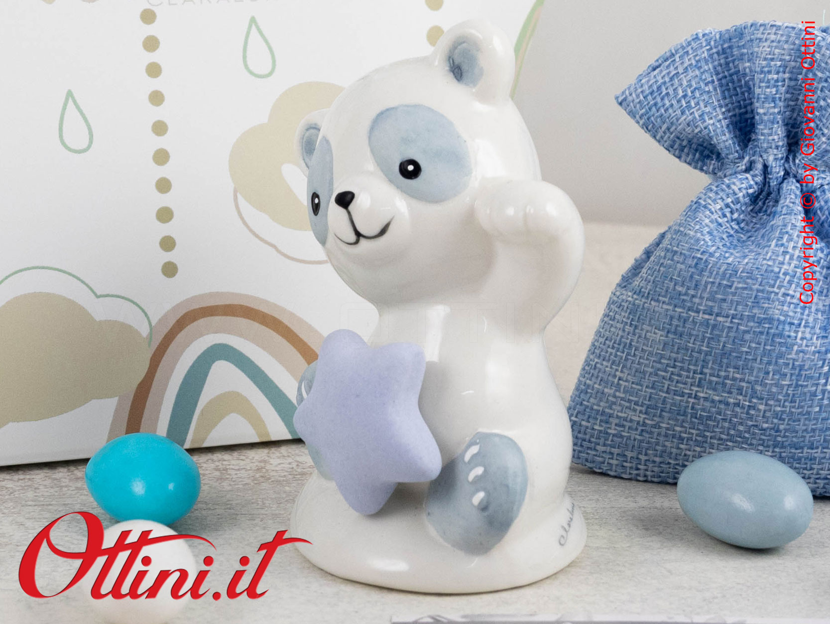 25394 Claraluna - Panda grande azzurro in porcellana smaltata. Bomboniera vintage ideale per eventi come battesimi, comunioni e cresime per bambino