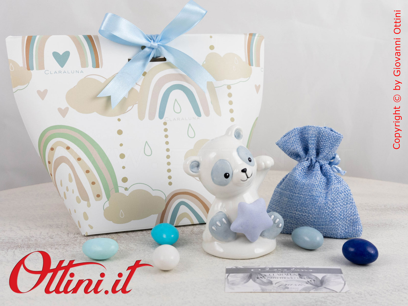 25394 Claraluna - Panda grande azzurro in porcellana smaltata. Bomboniera vintage ideale per eventi come battesimi, comunioni e cresime per bambino