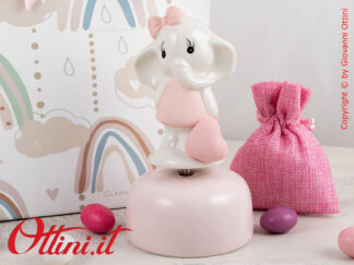 25395 Claraluna - Carillon Elefantino rosa in porcellana smaltata. Bomboniera vintage ideale per eventi come battesimi, comunioni e cresime per bambina