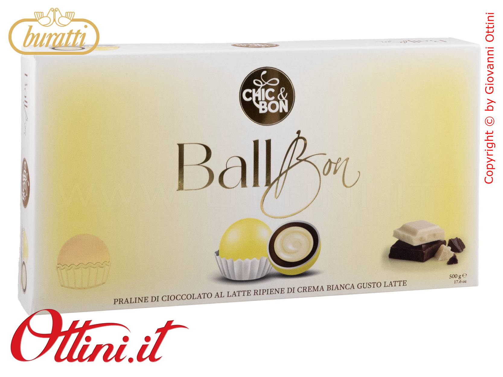 Praline Ball Bon di Cioccolato al latte ripiene di morbida crema bianca al latte con confettatura nelle nuance Gialle, complete di eleganti pirottini.