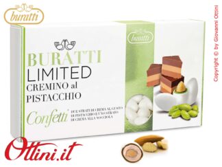 Tenerezze Buratti, fragranti mandorle ricoperte da doppio strato di pregiato cioccolato cremino e crema di pistacchio finemente confettate. LIMITED EDITION