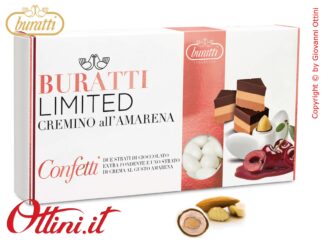 Tenerezze Buratti, fragranti mandorle ricoperte da doppio strato di pregiato cioccolato cremino all'amarena finemente confettate. LIMITED EDITION