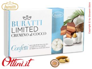 Tenerezze Buratti, fragranti mandorle ricoperte da doppio strato di pregiato cioccolato cremino e cocco finemente confettate. LIMITED EDITION