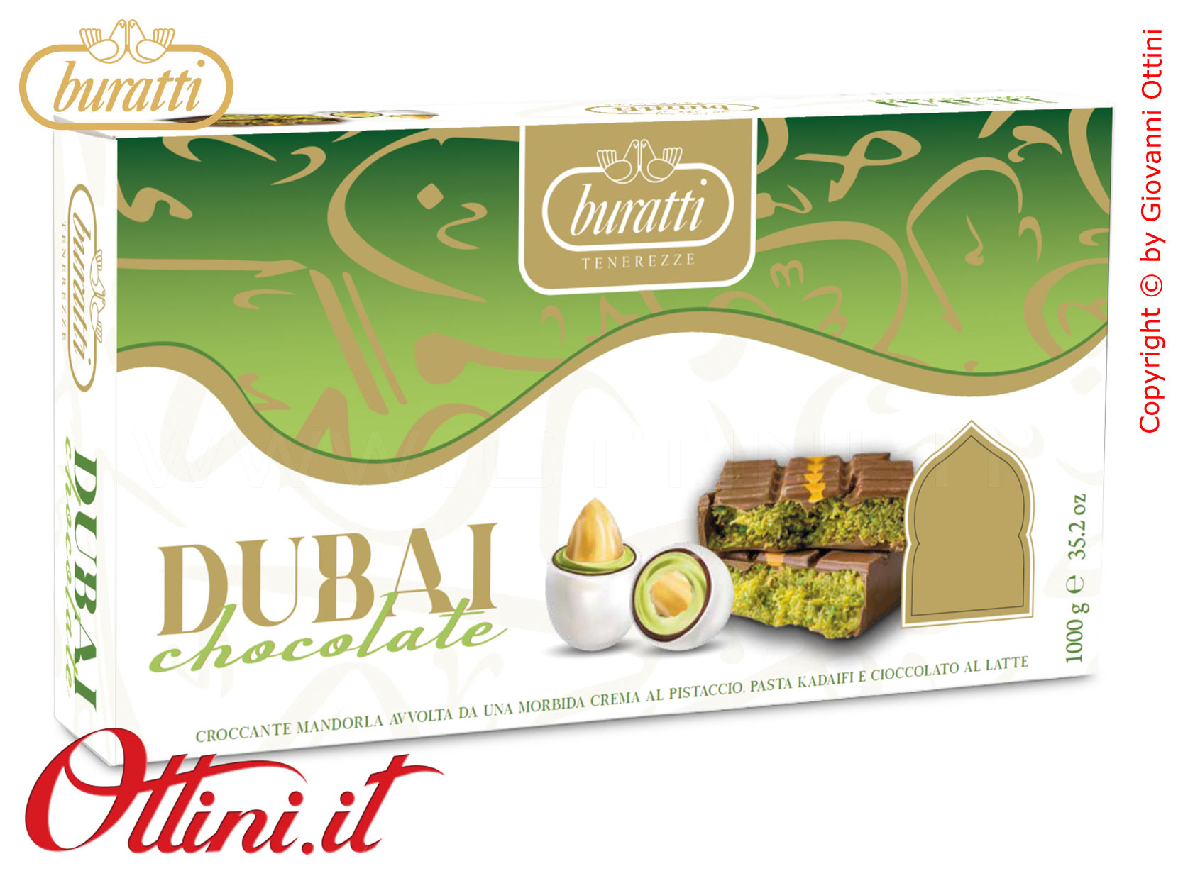 Confetti Buratti Tenerezze Bianche Dubai Chocolate, croccante mandorla avvolta da una morbida crema al pistacchio e pasta kataifi - Senza glutine