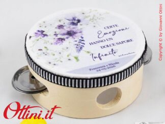 26029-LILLA Claraluna - Tamburello con stampa decoro fiori Lilla, bomboniera folcloristica ideale come segnaposto per matrimoni, anniversari, comunioni...