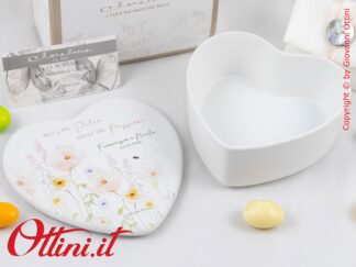 26039 Claraluna - La scatola Portagioie a forma di cuore con stampa decoro floreale rosa è una bomboniera moderna, di arredo e ideale per matrimonio