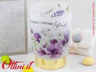 26045 Claraluna - La Lampada led con decoro floreale lilla funziona a batterie, utile per il comodino o la scrivania, ideale bomboniera a tema viaggi